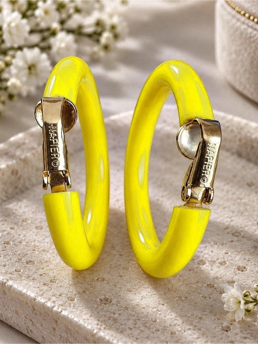 Vintage Napier Bright Yellow Hoop Earrings Gold Tone Signed Chunky Statement Ret